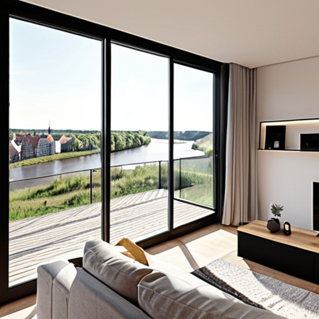 **A modern apartment interior in Gdańsk, Poland, bathed in sunlight, showcasing a smart home system interface on a tablet. The scene emphasizes clean lines, Scandinavian design, and a balcony view overlooking the Motława River.** (This image is inspired by the text's reference to crowdfunding investment in apartments in Gdańsk and the use of technology in real estate.)