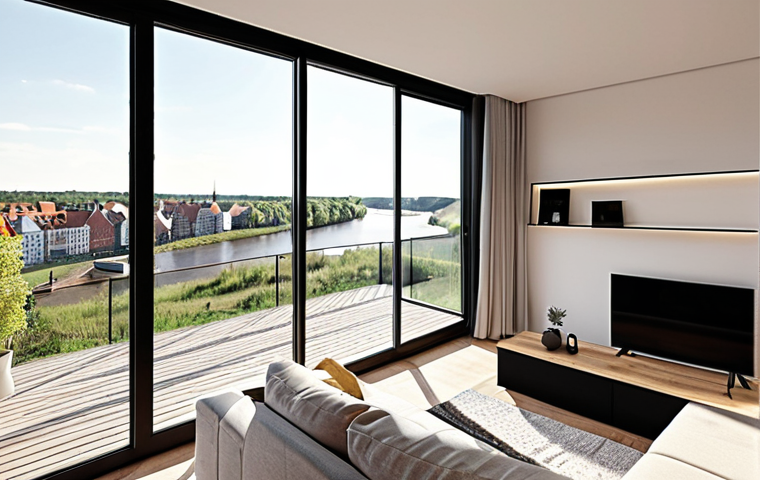**A modern apartment interior in Gdańsk, Poland, bathed in sunlight, showcasing a smart home system interface on a tablet. The scene emphasizes clean lines, Scandinavian design, and a balcony view overlooking the Motława River.** (This image is inspired by the text's reference to crowdfunding investment in apartments in Gdańsk and the use of technology in real estate.)